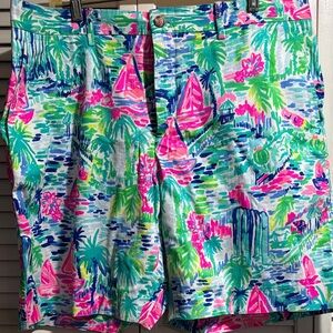 Tropical Print Linen-Blend Shorts in Neon Pink & Aqua